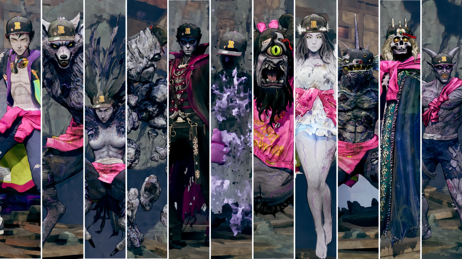Stupid Never Dies full character lineup — Davy, Julia, Dr. Frank and the rest of the confirmed cast, each wearing the branded R cap, in a stylized painted ensemble.